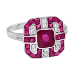 Red Pink Ruby & Diamond Art Deco Style Octagon 14K White Gold Ring