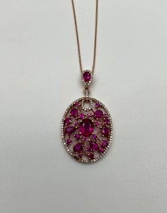 Red Pink Ruby Diamond Halo 14K Rose Gold Pendant Medallion Statement Necklace