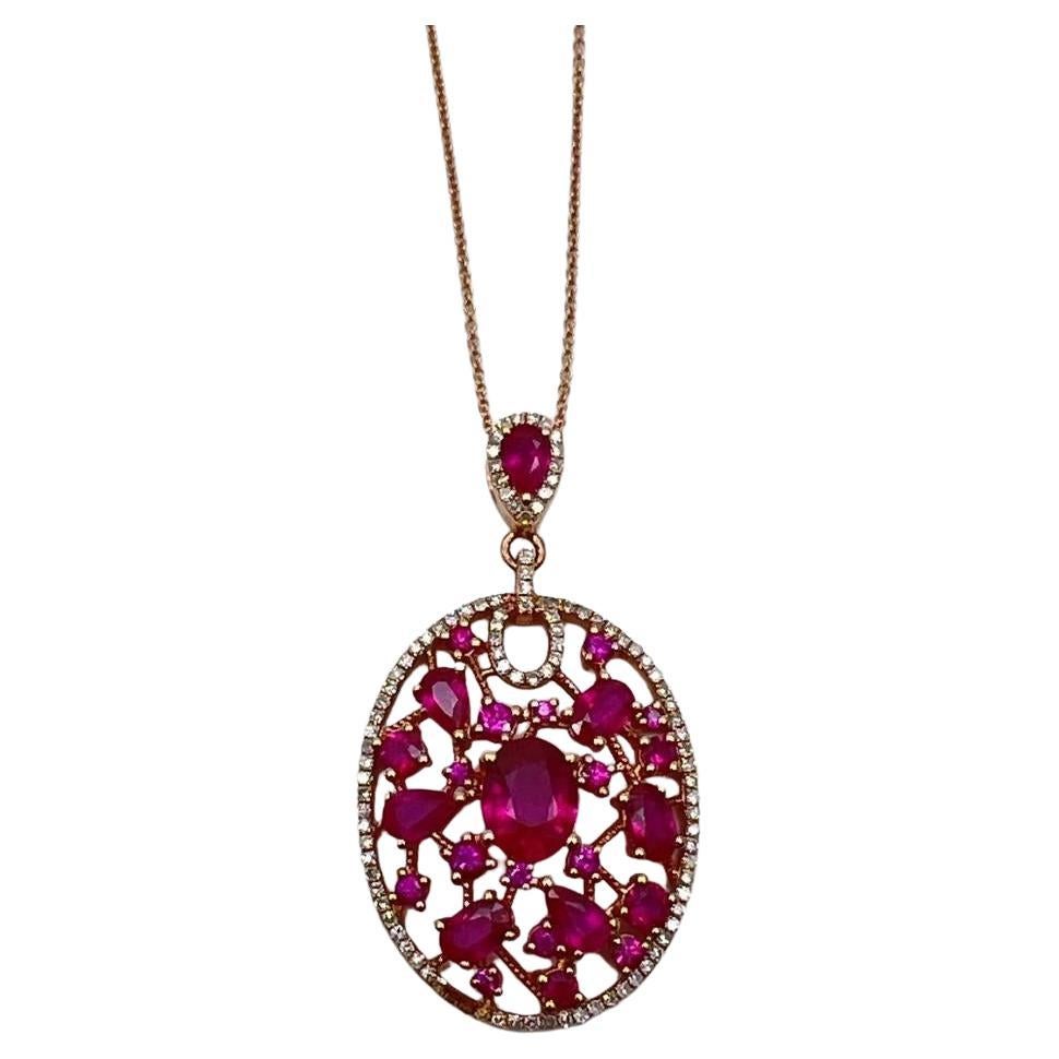 Red Pink Ruby Diamond Halo 14K Rose Gold Pendant Medallion Statement Necklace