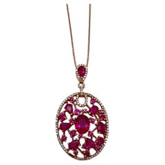 Red Pink Ruby Diamond Halo 14K Rose Gold Pendant Medallion Statement Necklace