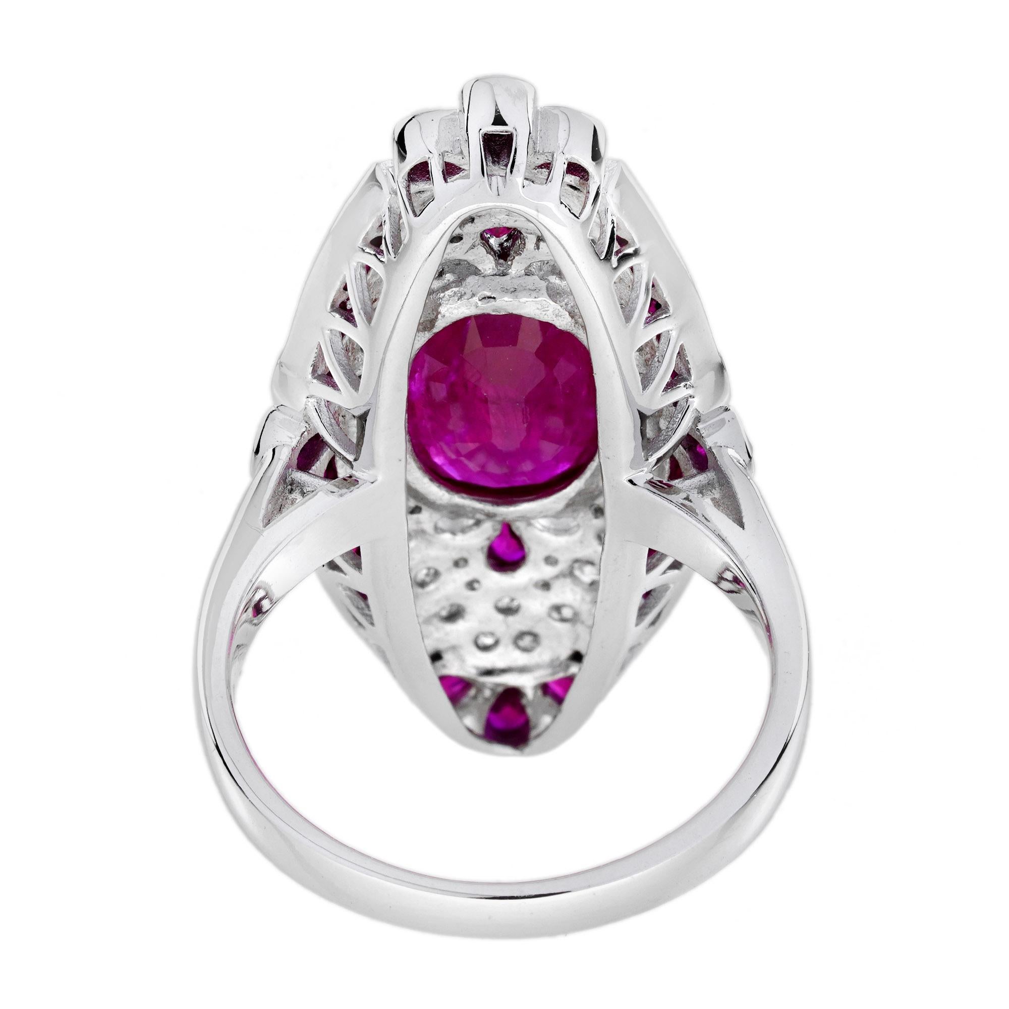 Taille ovale Bague de cocktail en or blanc de style Art déco avec rubis rose rouge et diamants sertis en pavé en vente