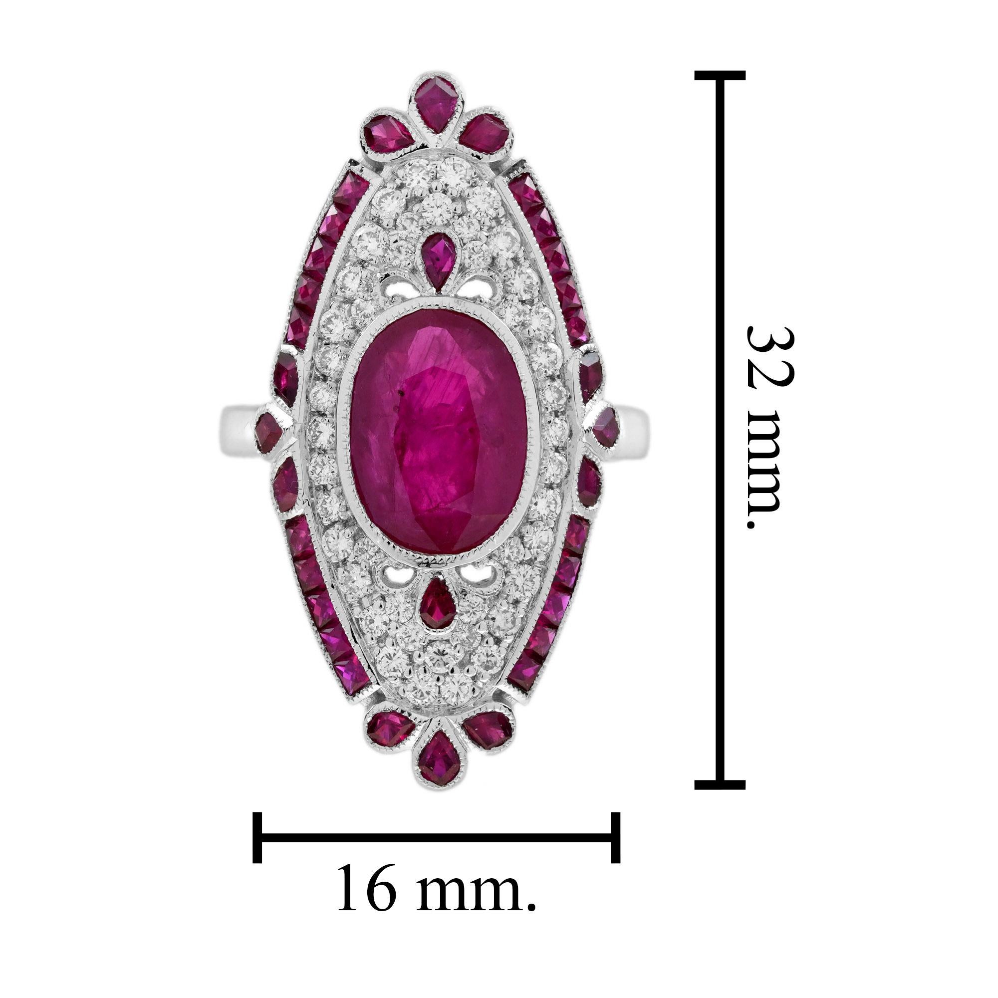 Bague de cocktail en or blanc de style Art déco avec rubis rose rouge et diamants sertis en pavé Pour femmes en vente