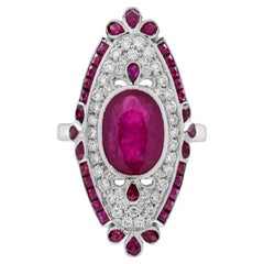 Red Pink Ruby & Diamond Pave Set Art Deco Style Cocktail White Gold Ring
