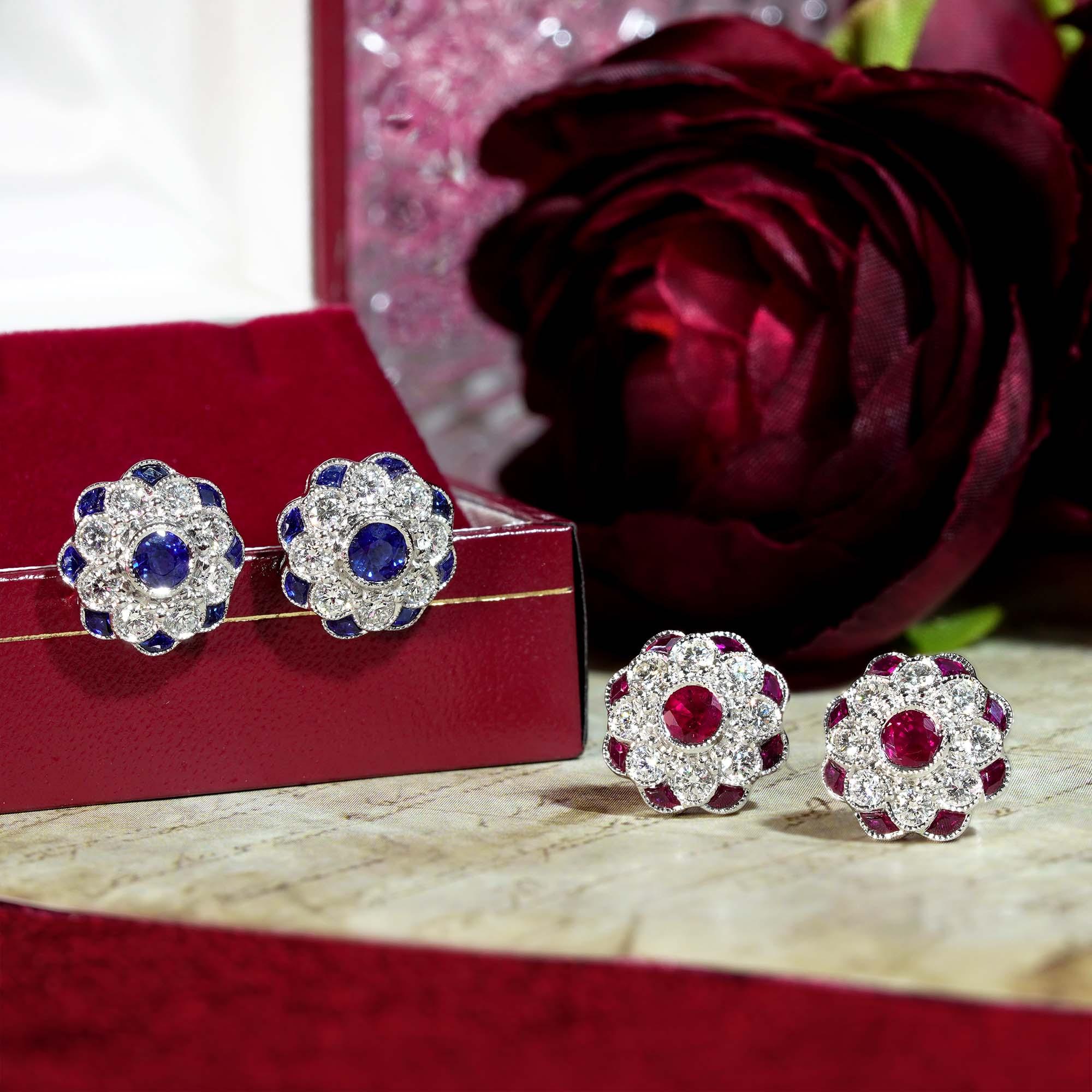 Rote Pinke Rubine & Diamantene Pfingstrosenblüten Runde Diamantene Ohrstecker aus 14K Weißgold im Angebot 4