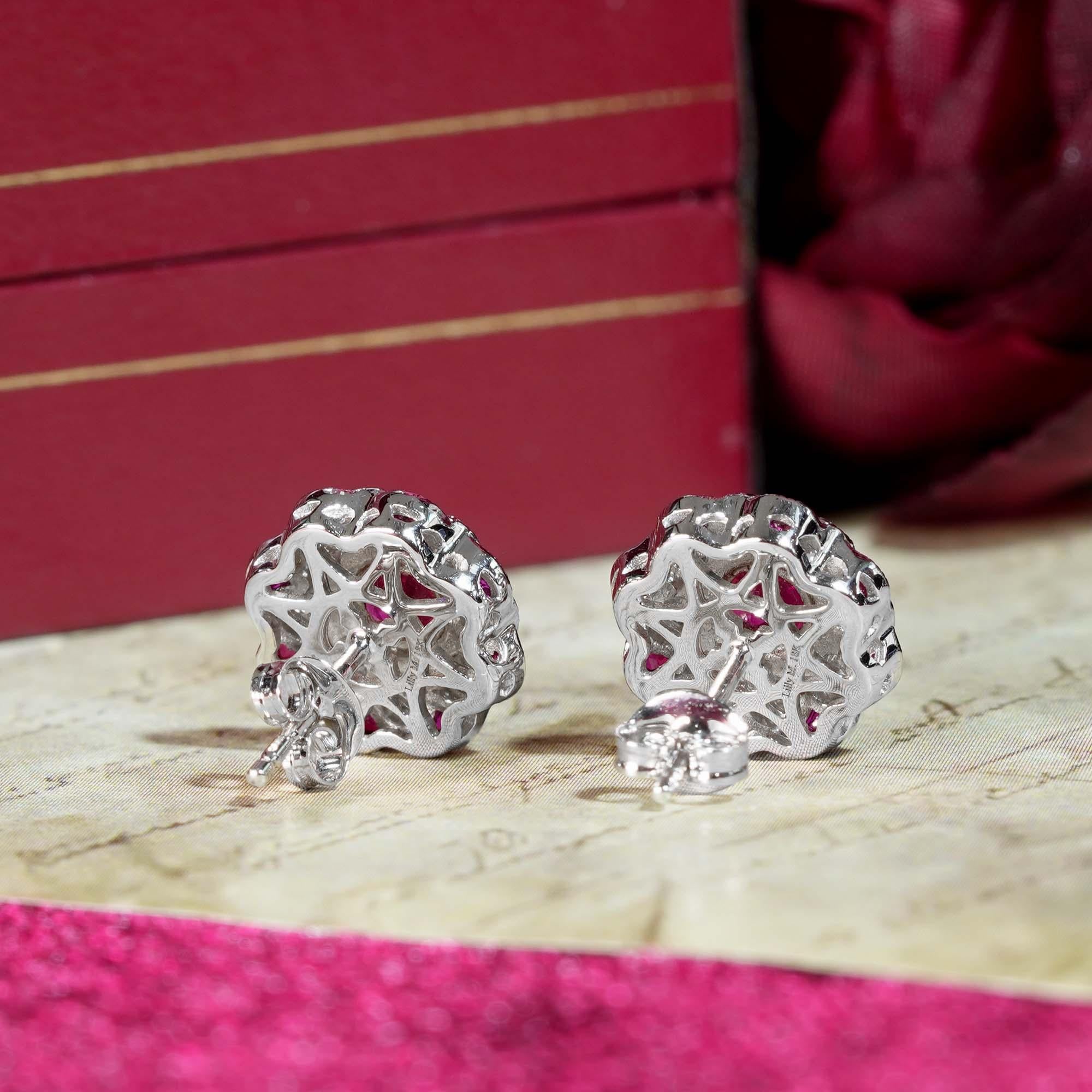 Rote Pinke Rubine & Diamantene Pfingstrosenblüten Runde Diamantene Ohrstecker aus 14K Weißgold im Angebot 5