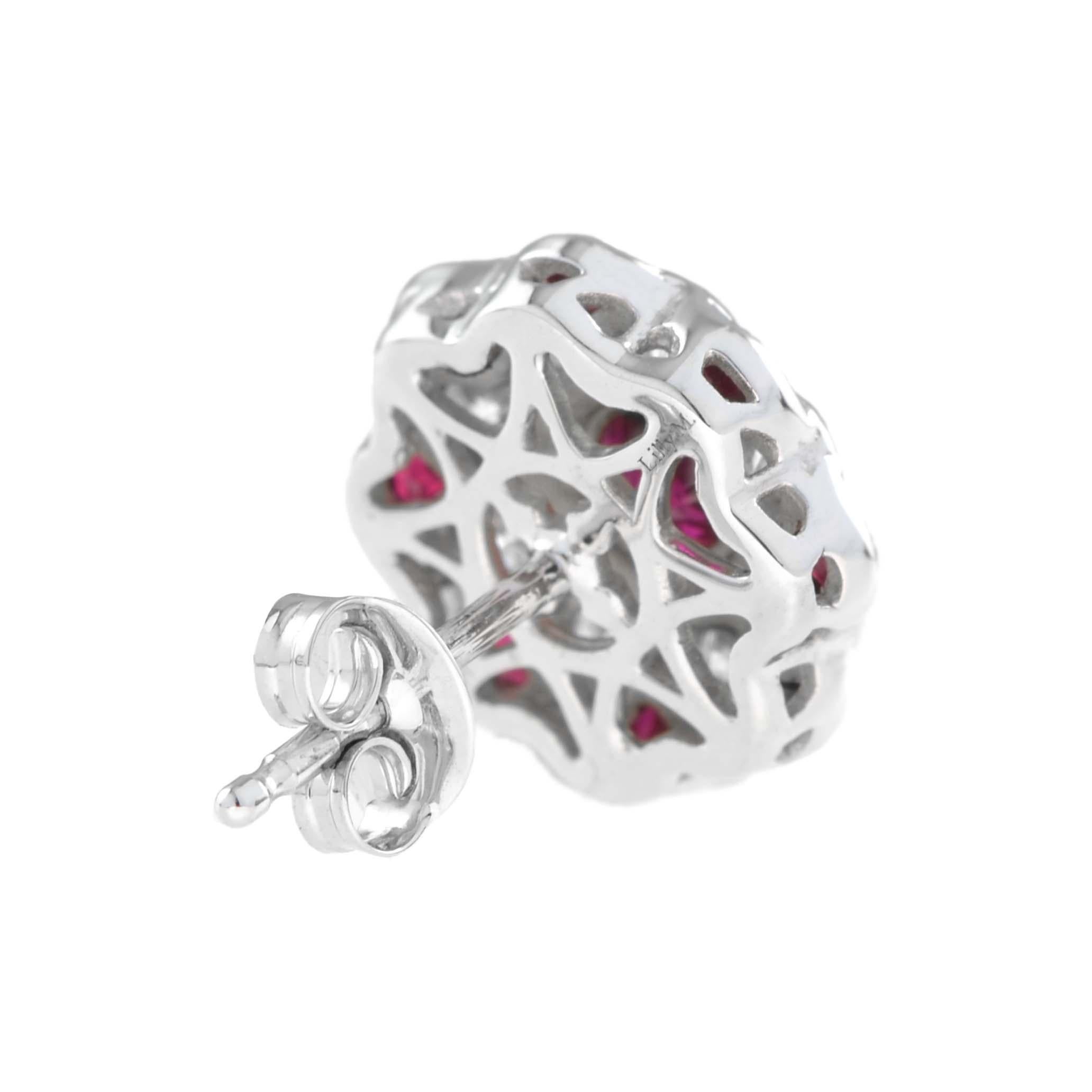 Rote Pinke Rubine & Diamantene Pfingstrosenblüten Runde Diamantene Ohrstecker aus 14K Weißgold (Art déco) im Angebot