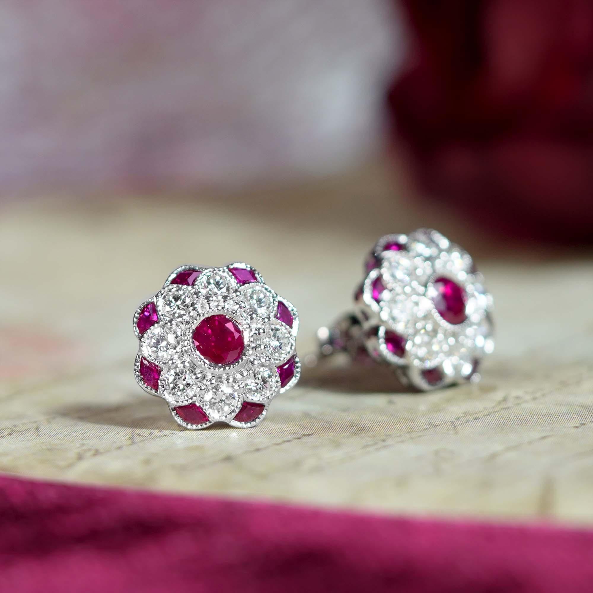 Rote Pinke Rubine & Diamantene Pfingstrosenblüten Runde Diamantene Ohrstecker aus 14K Weißgold im Zustand „Neu“ im Angebot in Oakton, VA
