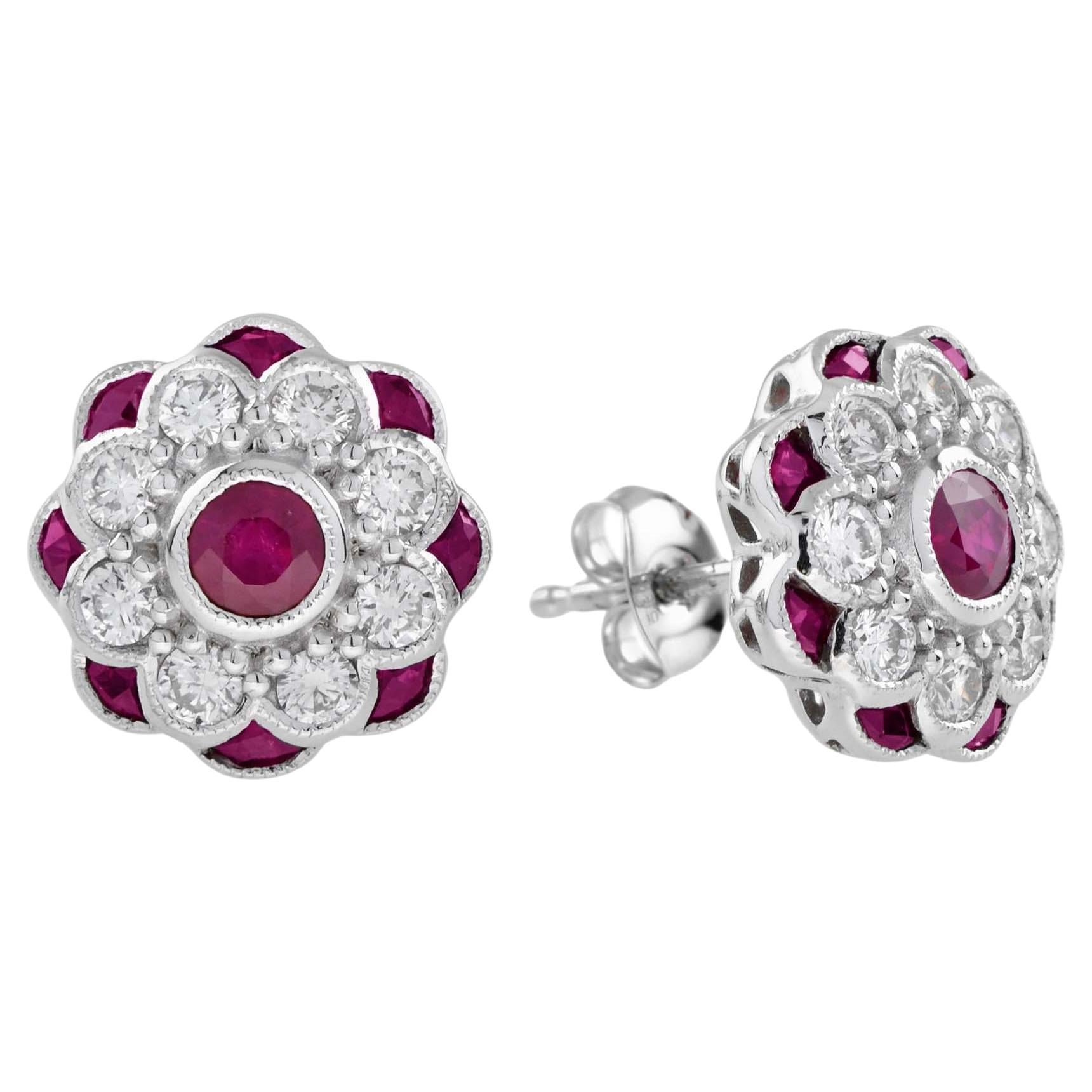 Red Pink Ruby & Diamond Peony Floral Round Diamond 14K White Gold Stud Earrings