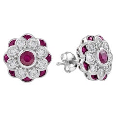 Red Pink Ruby & Diamond Peony Floral Round Diamond 14K White Gold Stud Earrings