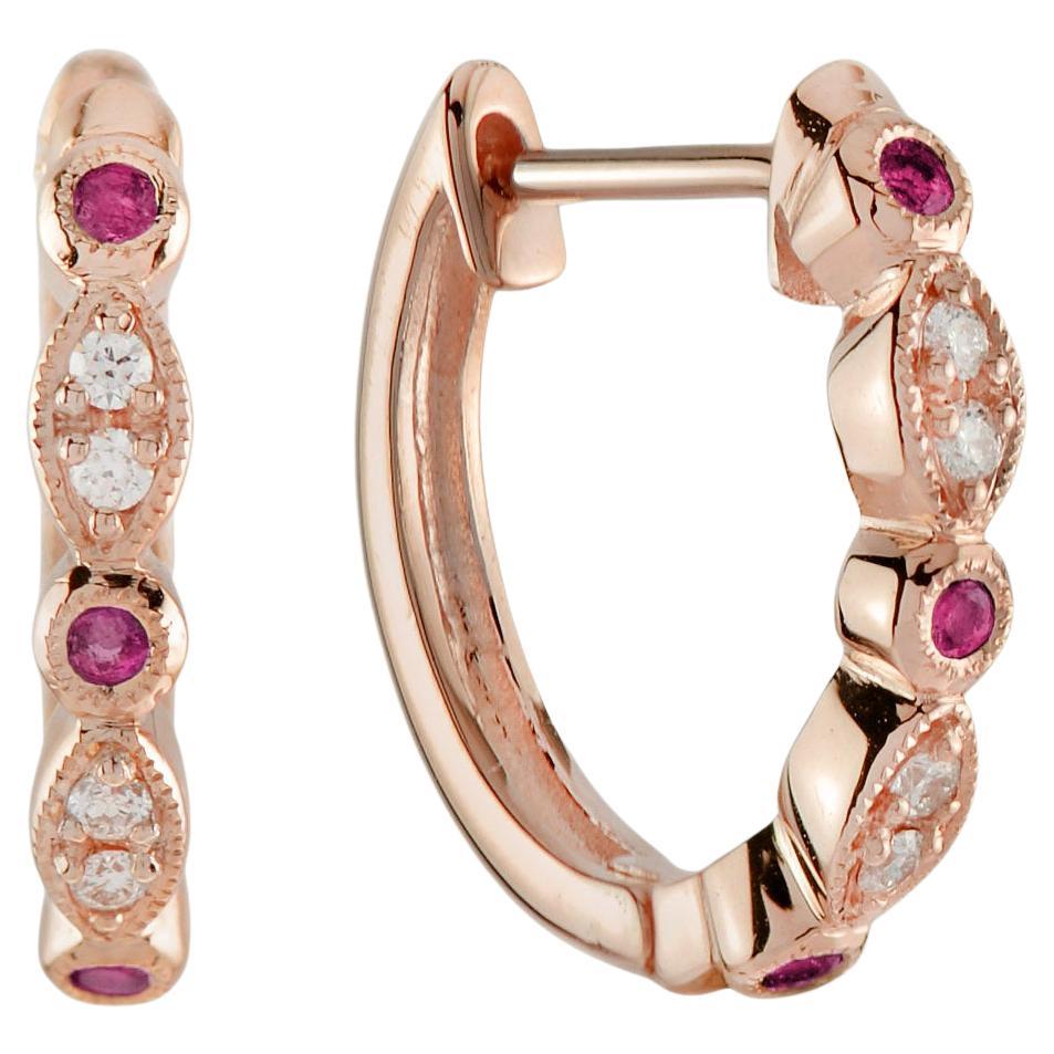 Red Pink Ruby & Diamond Vintage Style 18K Rose Gold Huggie Earrings