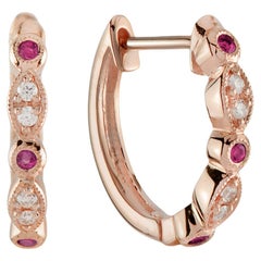 Red Pink Ruby & Diamond Vintage Style 18K Rose Gold Huggie Earrings
