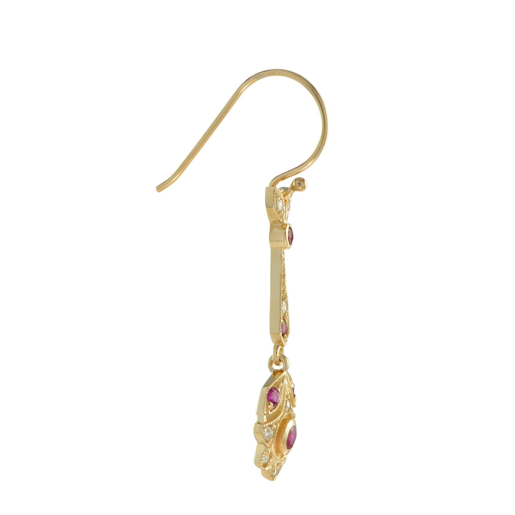 Round Cut Red Pink Ruby & Diamond Vintage Style Floral Drop 14K Yellow Gold Earrings For Sale