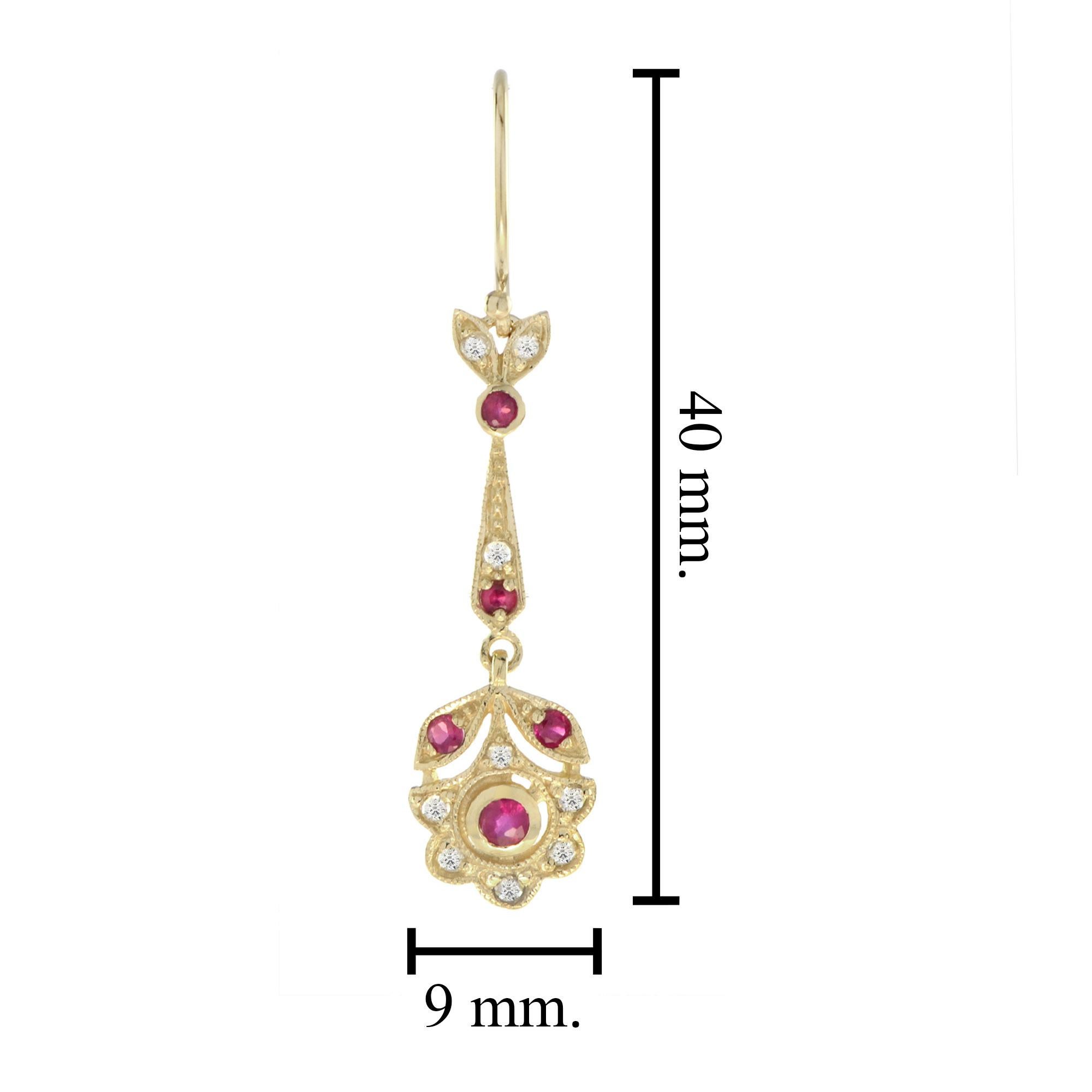 Red Pink Ruby & Diamond Vintage Style Floral Drop 14K Yellow Gold Earrings In New Condition For Sale In Oakton, VA