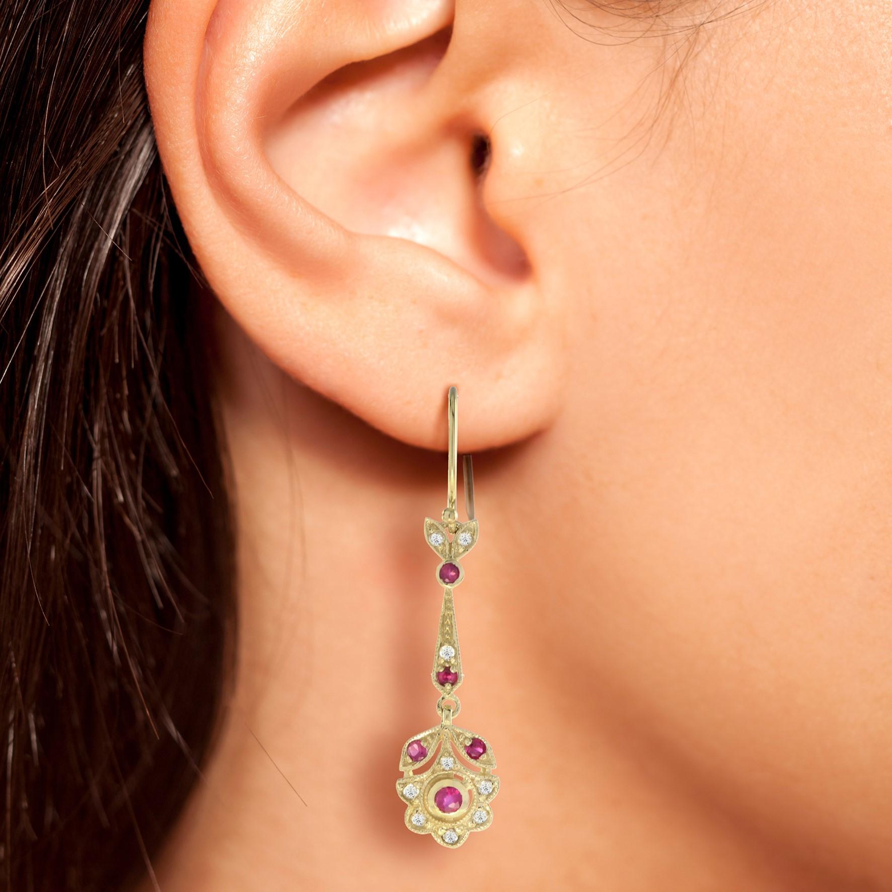 Women's Red Pink Ruby & Diamond Vintage Style Floral Drop 14K Yellow Gold Earrings For Sale