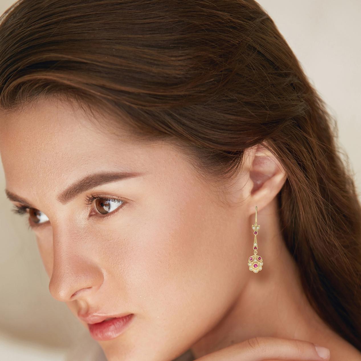 Red Pink Ruby & Diamond Vintage Style Floral Drop 14K Yellow Gold Earrings For Sale 1