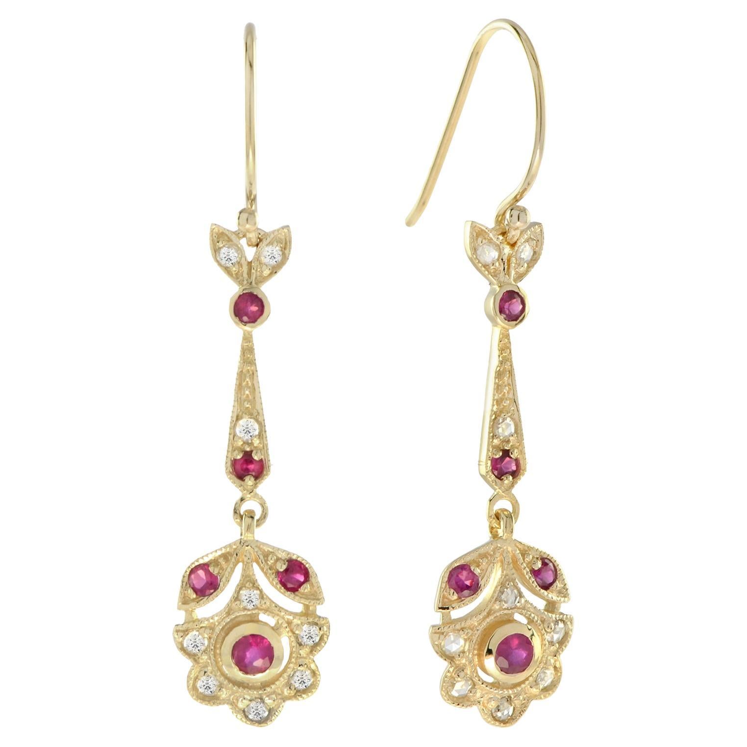 Red Pink Ruby & Diamond Vintage Style Floral Drop 14K Yellow Gold Earrings For Sale