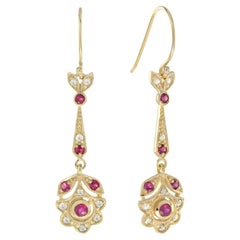 Red Pink Ruby & Diamond Vintage Style Floral Drop 14K Yellow Gold Earrings