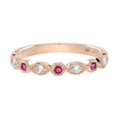Red Pink Ruby & Diamond Vintage Style Half Eternity 18K Rose Gold Band Ring