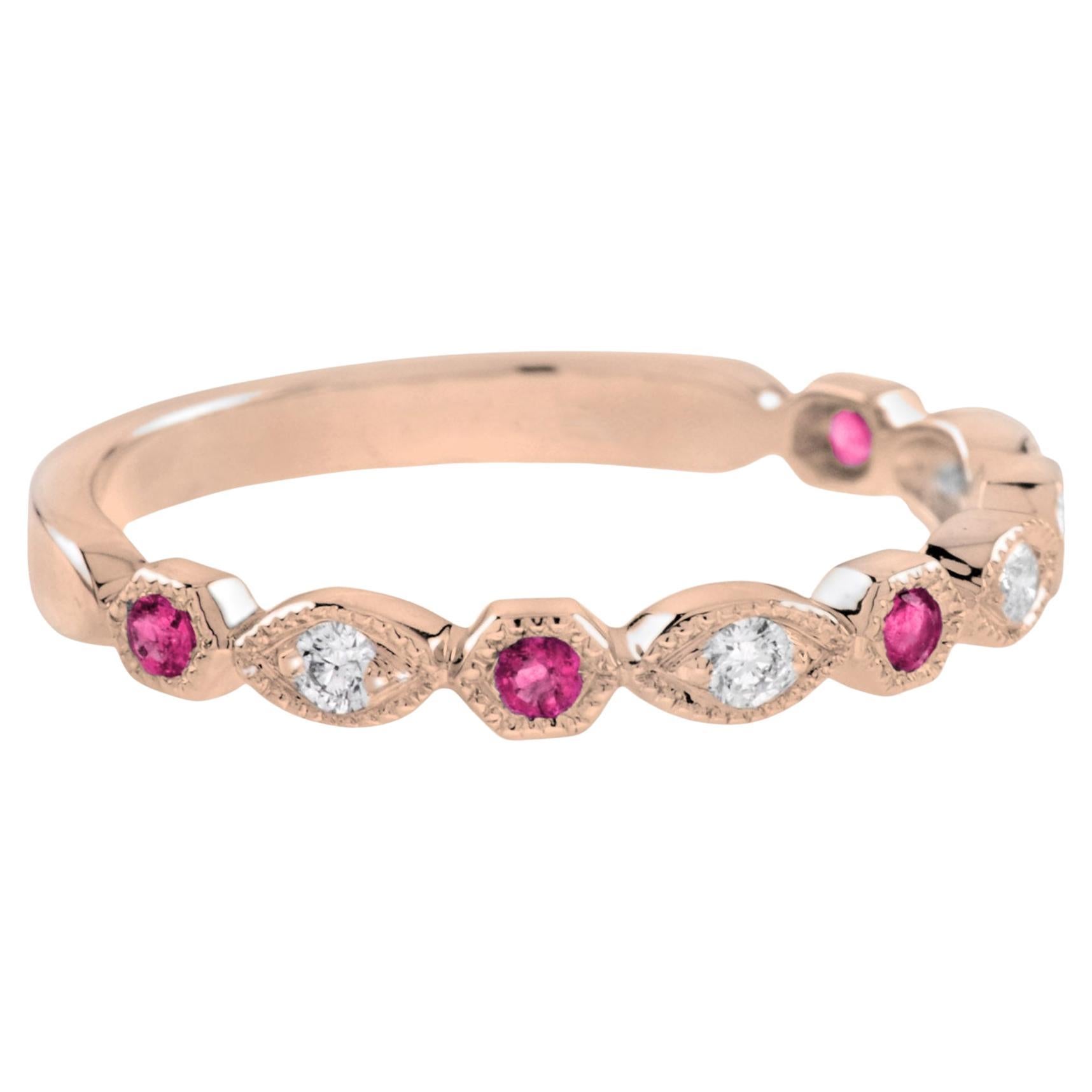 Red Pink Ruby & Diamond Vintage Style Half Eternity 18K Rose Gold Band Ring