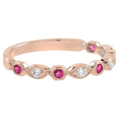Red Pink Ruby & Diamond Vintage Style Half Eternity 18K Rose Gold Band Ring