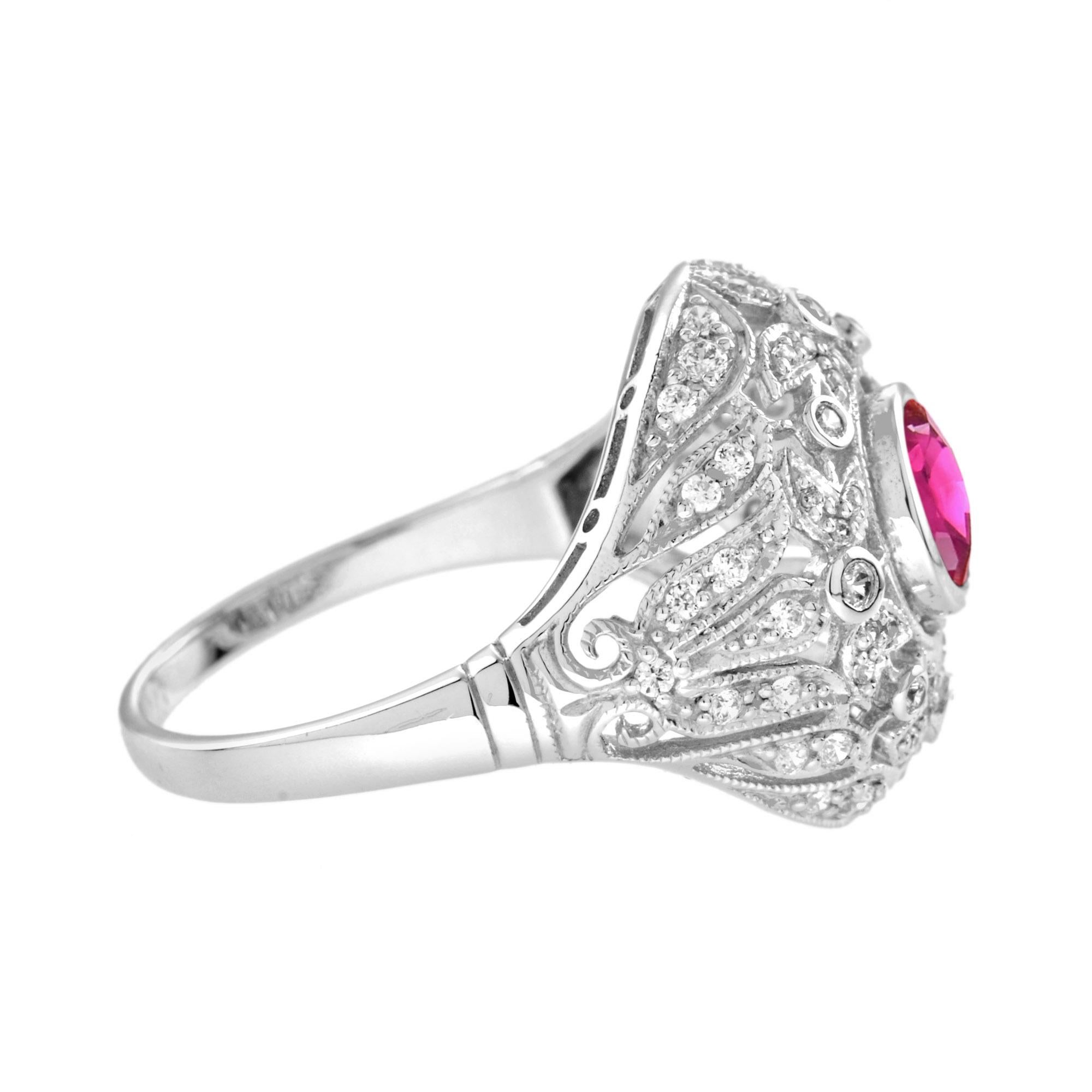 Art Deco Red Pink Ruby & Diamonds Floral Dome Edwardian Engagement 14K White Gold Ring For Sale