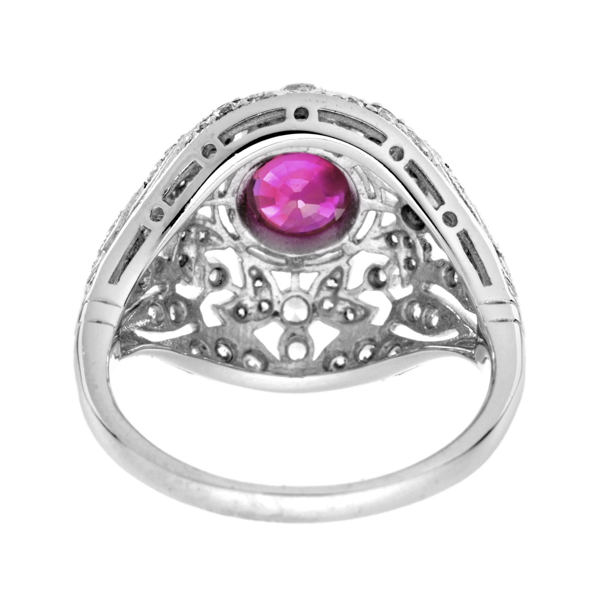 Round Cut Red Pink Ruby & Diamonds Floral Dome Edwardian Engagement 14K White Gold Ring For Sale