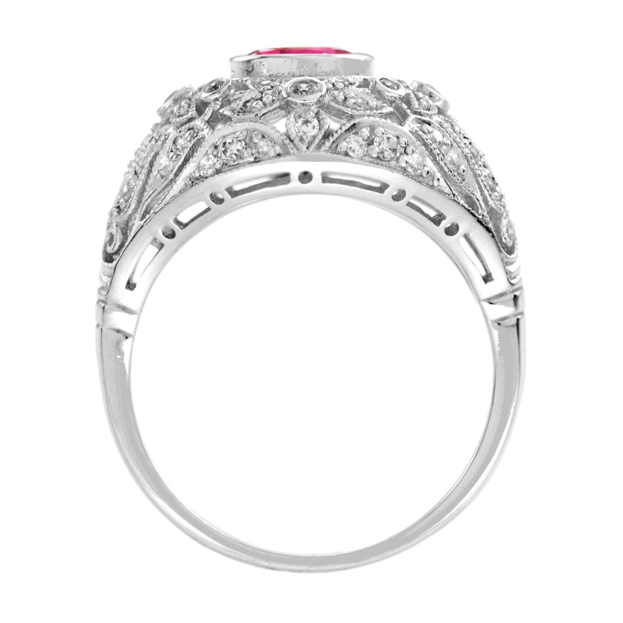 Red Pink Ruby & Diamonds Floral Dome Edwardian Engagement 14K White Gold Ring In New Condition For Sale In Oakton, VA