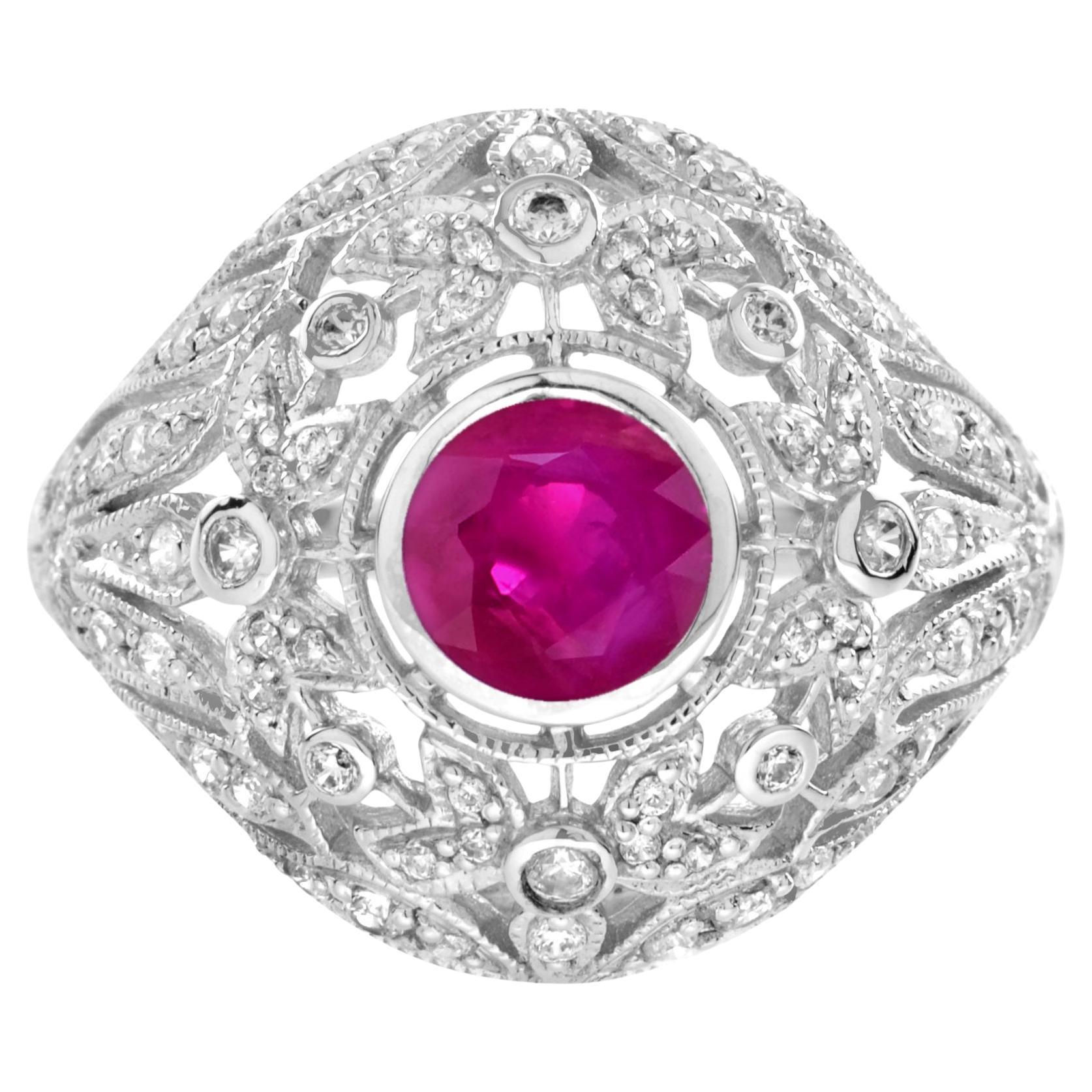Red Pink Ruby & Diamonds Floral Dome Edwardian Engagement 14K White Gold Ring
