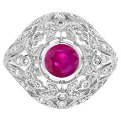 Red Pink Ruby & Diamonds Floral Dome Edwardian Engagement 14K White Gold Ring