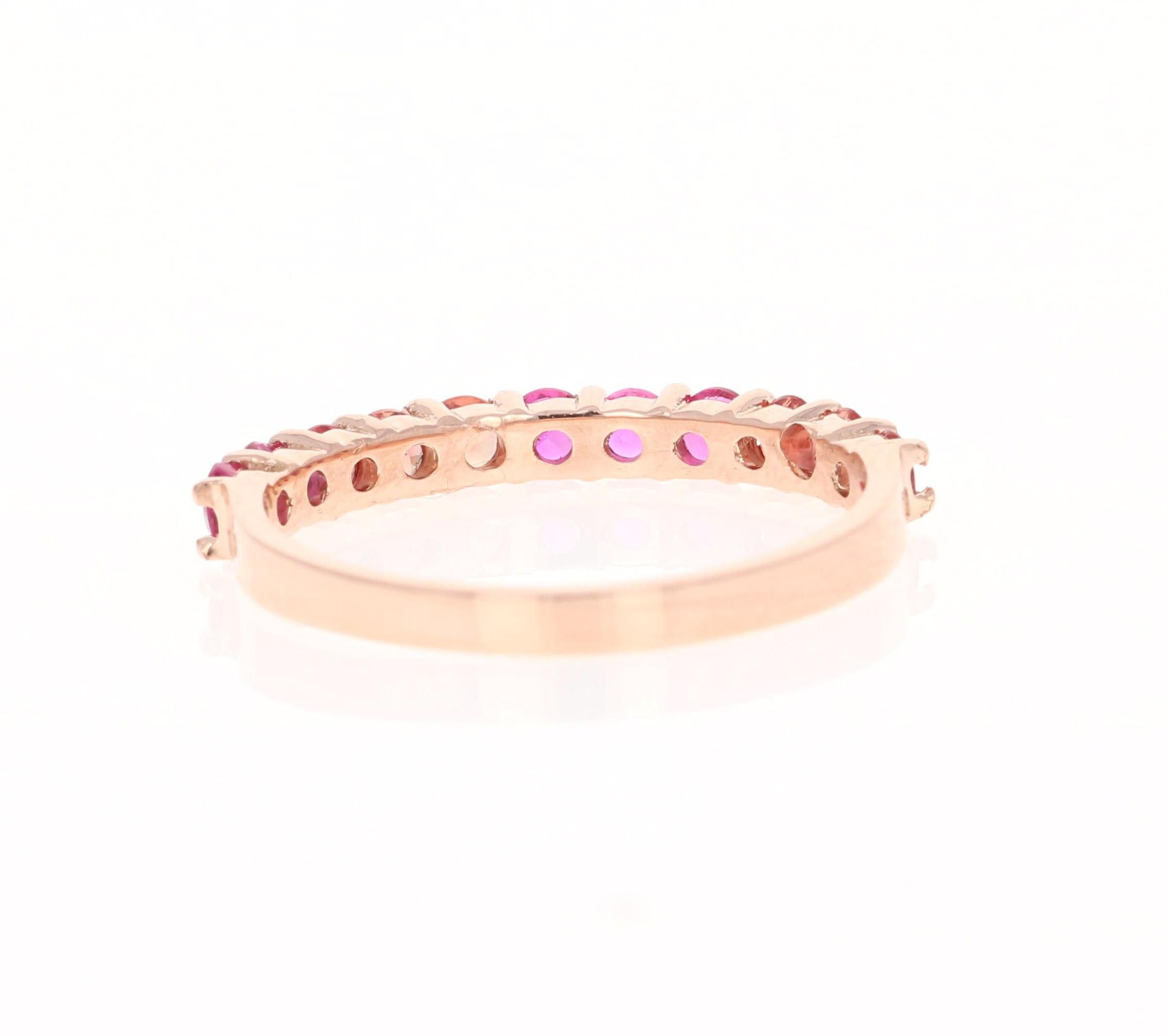 Round Cut 1.03 Carat Red and Pink Sapphire 14 Karat Rose Gold Stackable Band