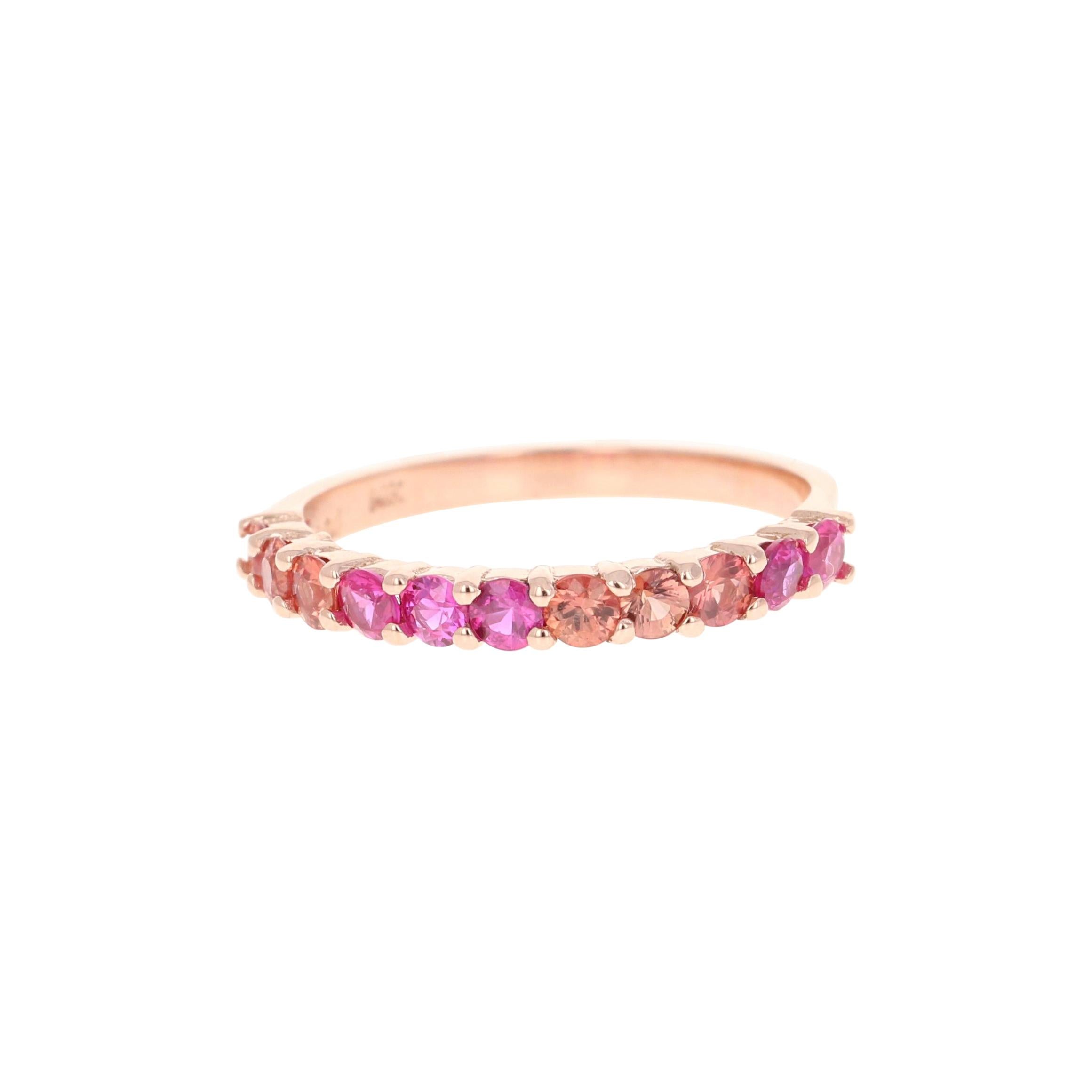 1.03 Carat Red and Pink Sapphire 14 Karat Rose Gold Stackable Band