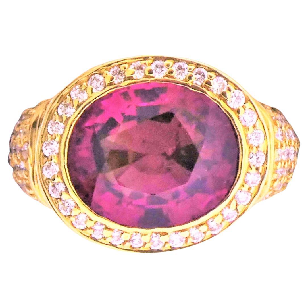 Red/Pink Tourmaline '5.82 cts' and Diamond '147=1.55 cts' 18K Yellow Gold Ring