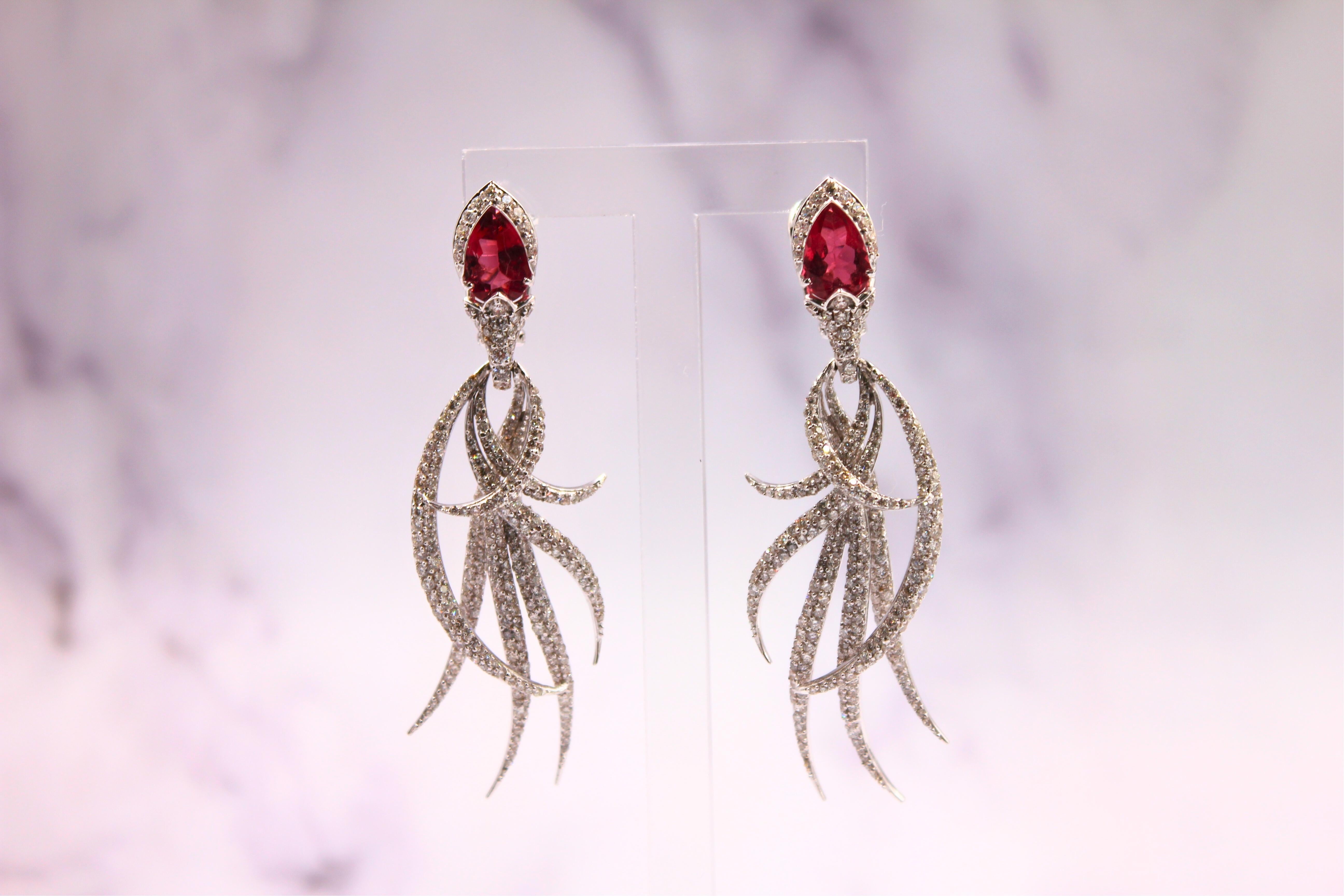 Red Pink Tourmaline Long Feather Diamond Drop 18k White Gold Earrings For Sale 4