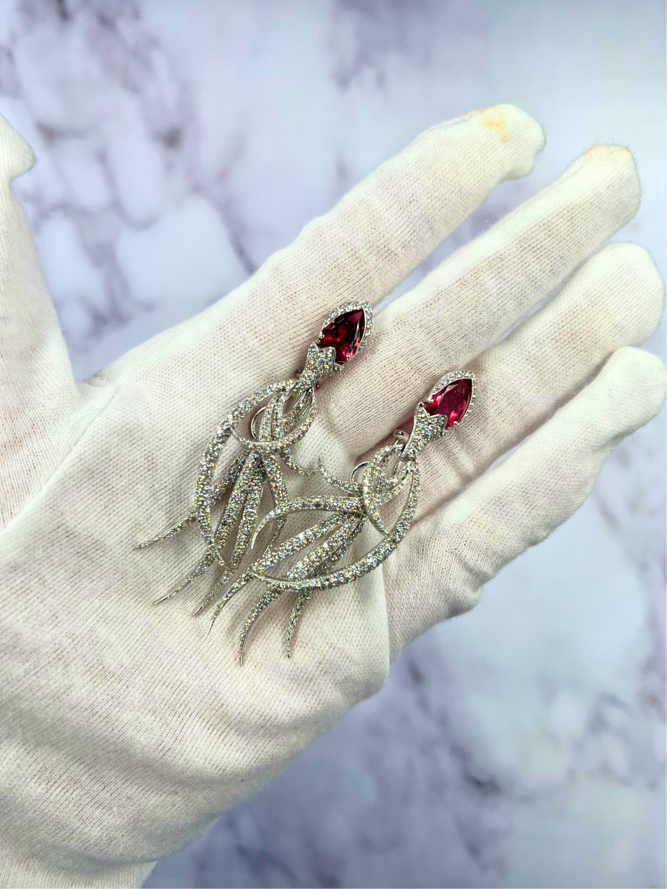 Red Pink Tourmaline Long Feather Diamond Drop 18k White Gold Earrings For Sale 5