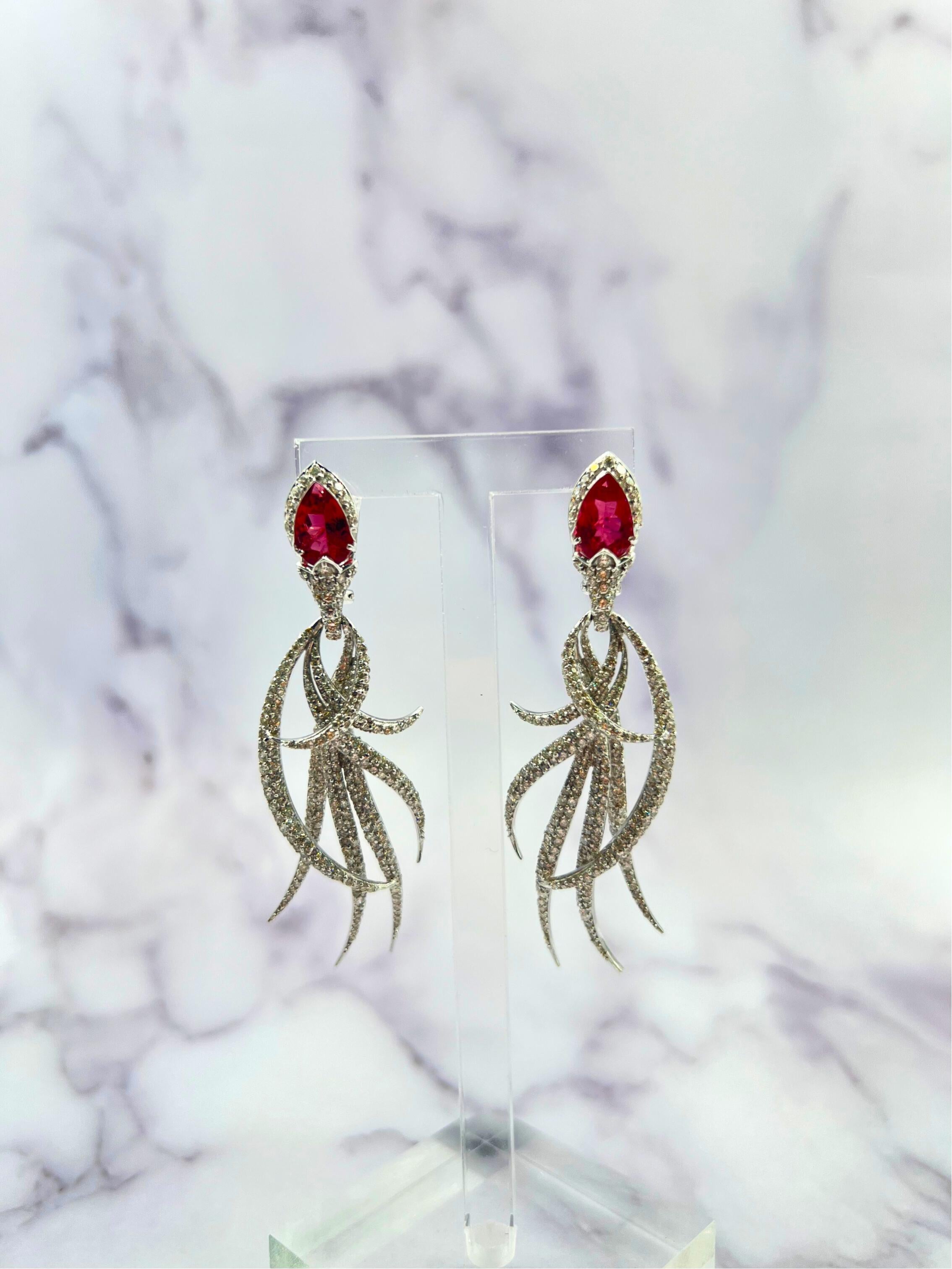 Red Pink Tourmaline Long Feather Diamond Drop 18k White Gold Earrings For Sale 7