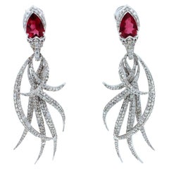 Red Pink Tourmaline Long Feather Diamond Drop 18k White Gold Earrings