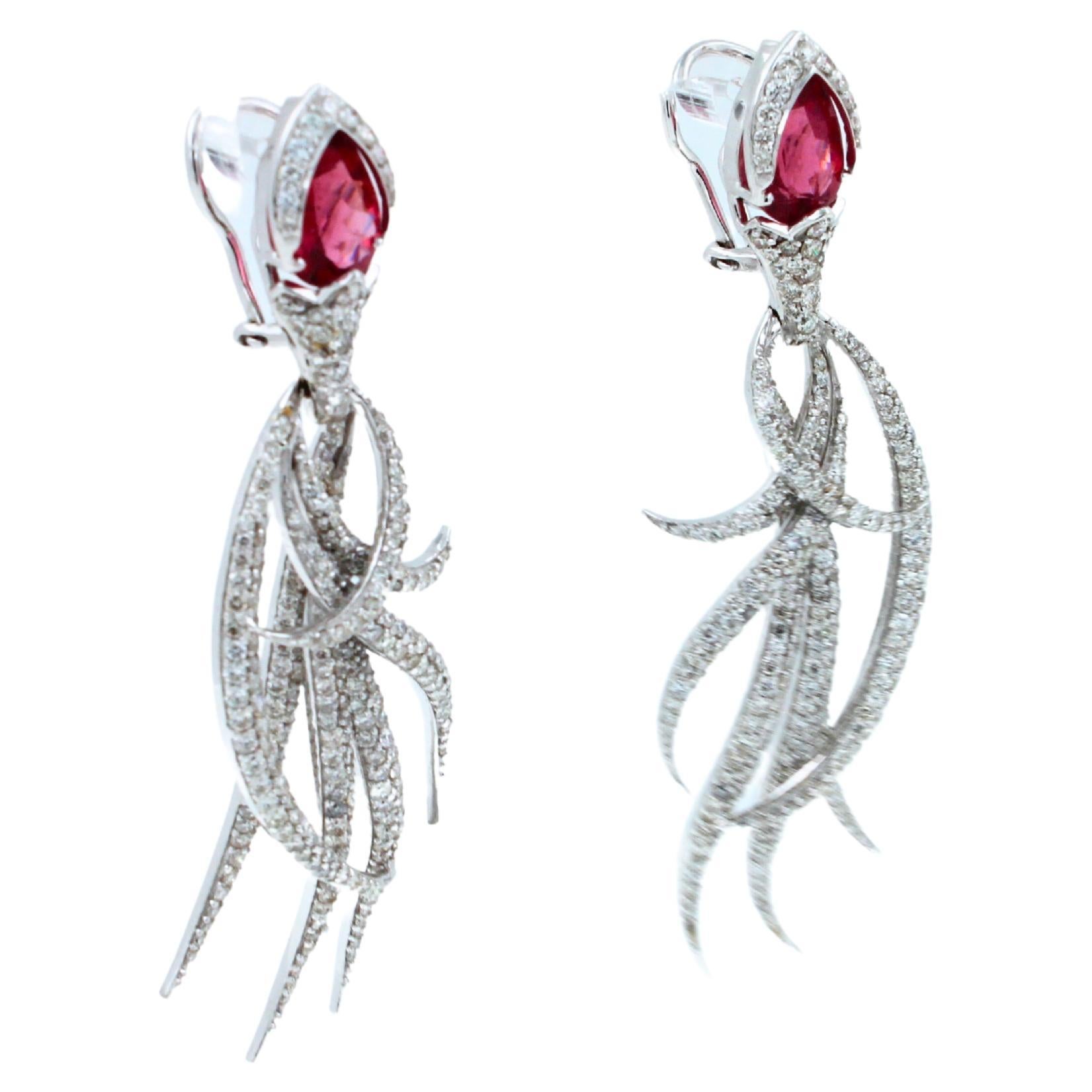Art Deco Red Pink Tourmaline Long Feather Diamond Drop 18k White Gold Earrings For Sale
