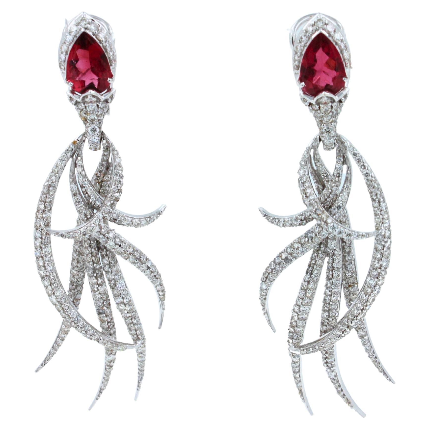Pear Cut Red Pink Tourmaline Long Feather Diamond Drop 18k White Gold Earrings For Sale