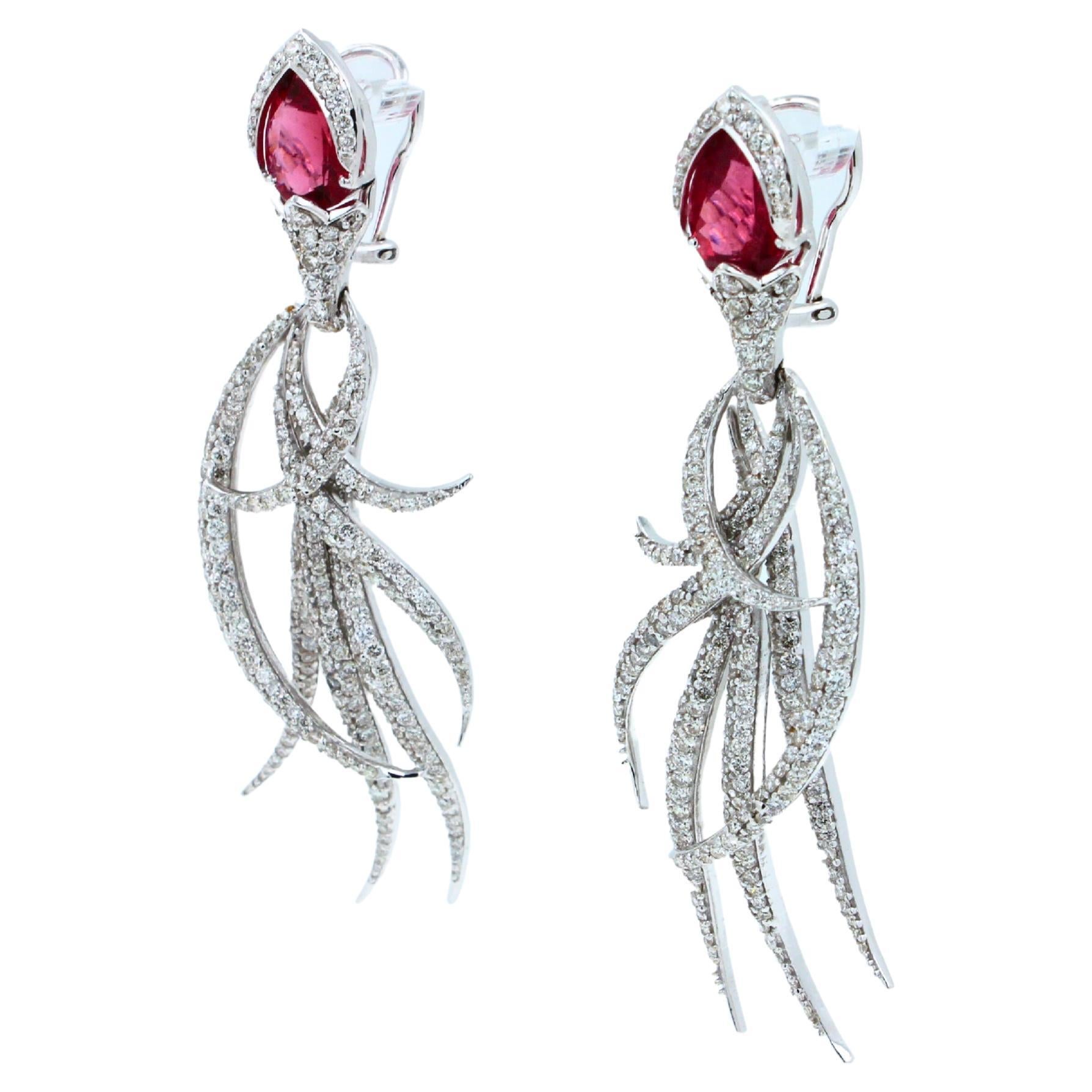 Red Pink Tourmaline Long Feather Diamond Drop 18k White Gold Earrings In New Condition For Sale In Oakton, VA