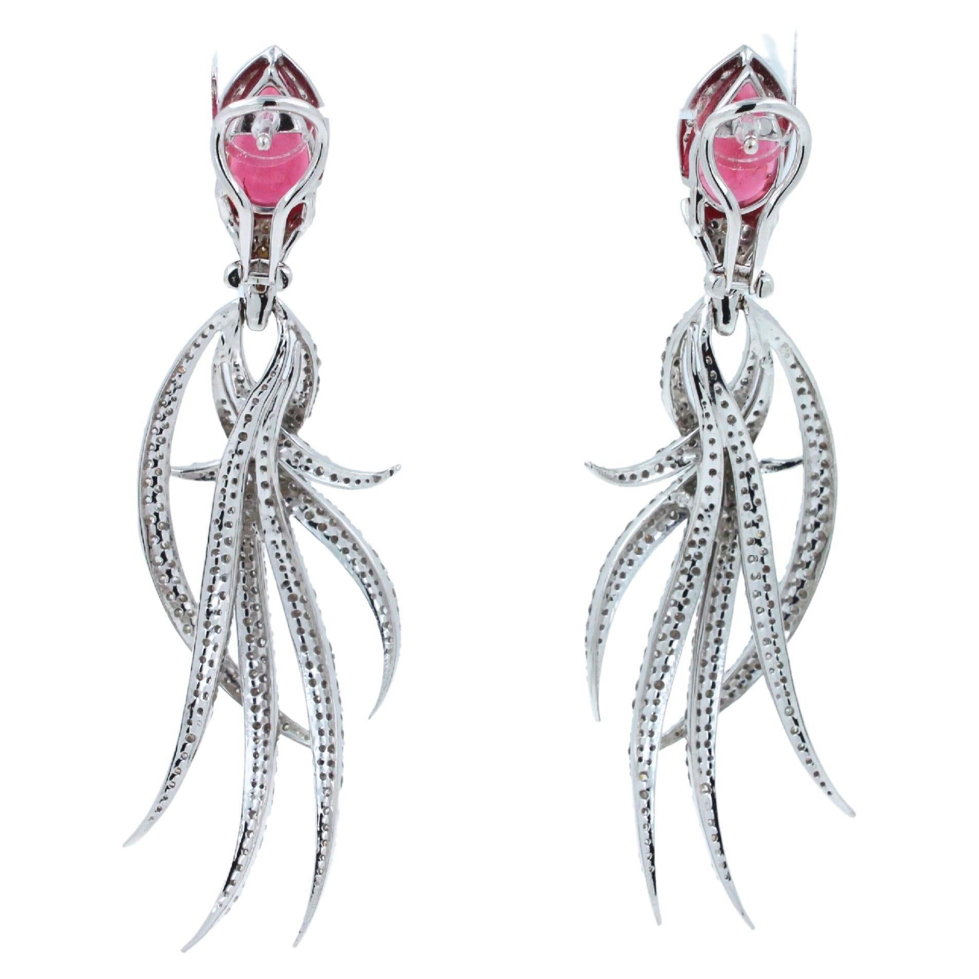 Women's Red Pink Tourmaline Long Feather Diamond Drop 18k White Gold Earrings For Sale