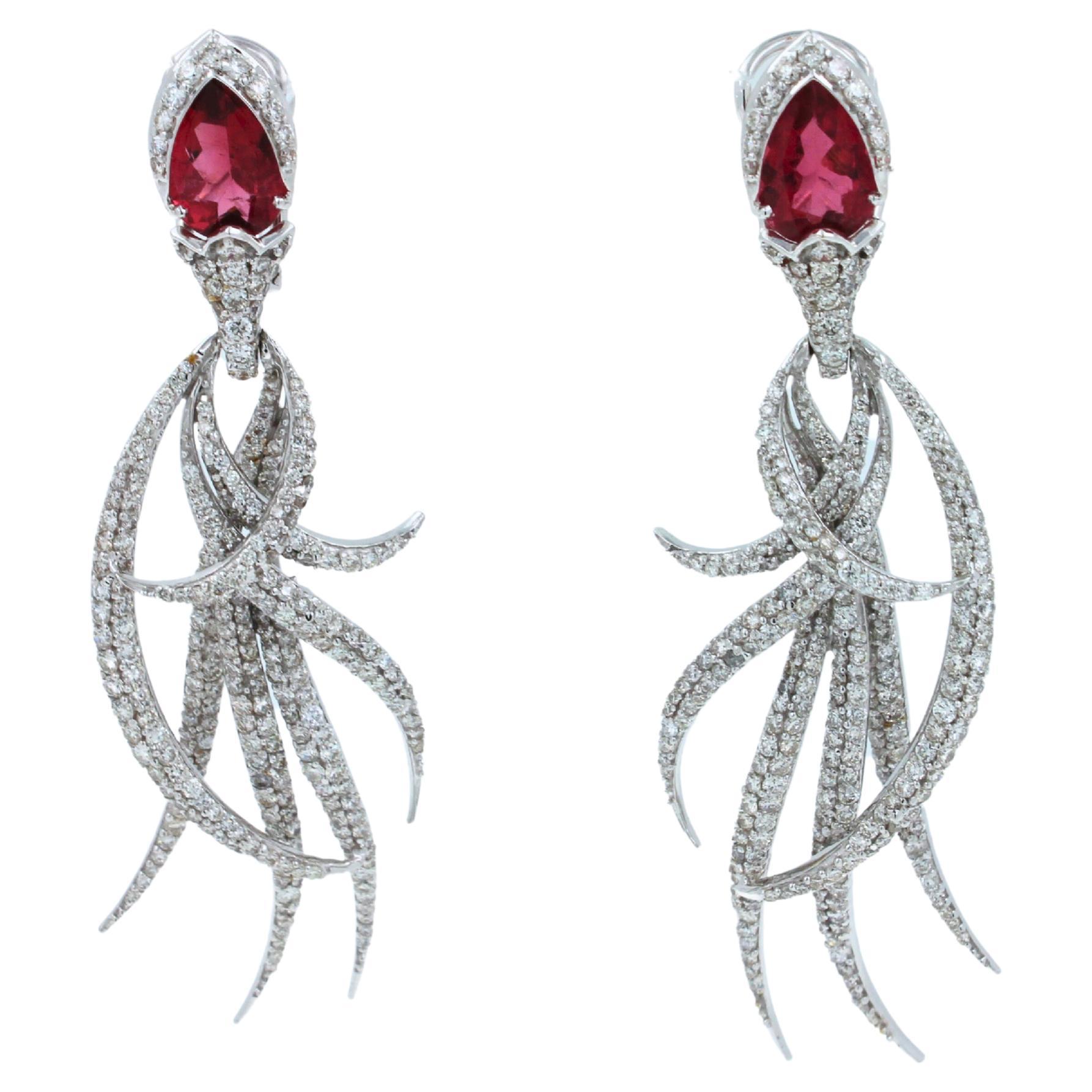 Red Pink Tourmaline Long Feather Diamond Drop 18k White Gold Earrings For Sale 1
