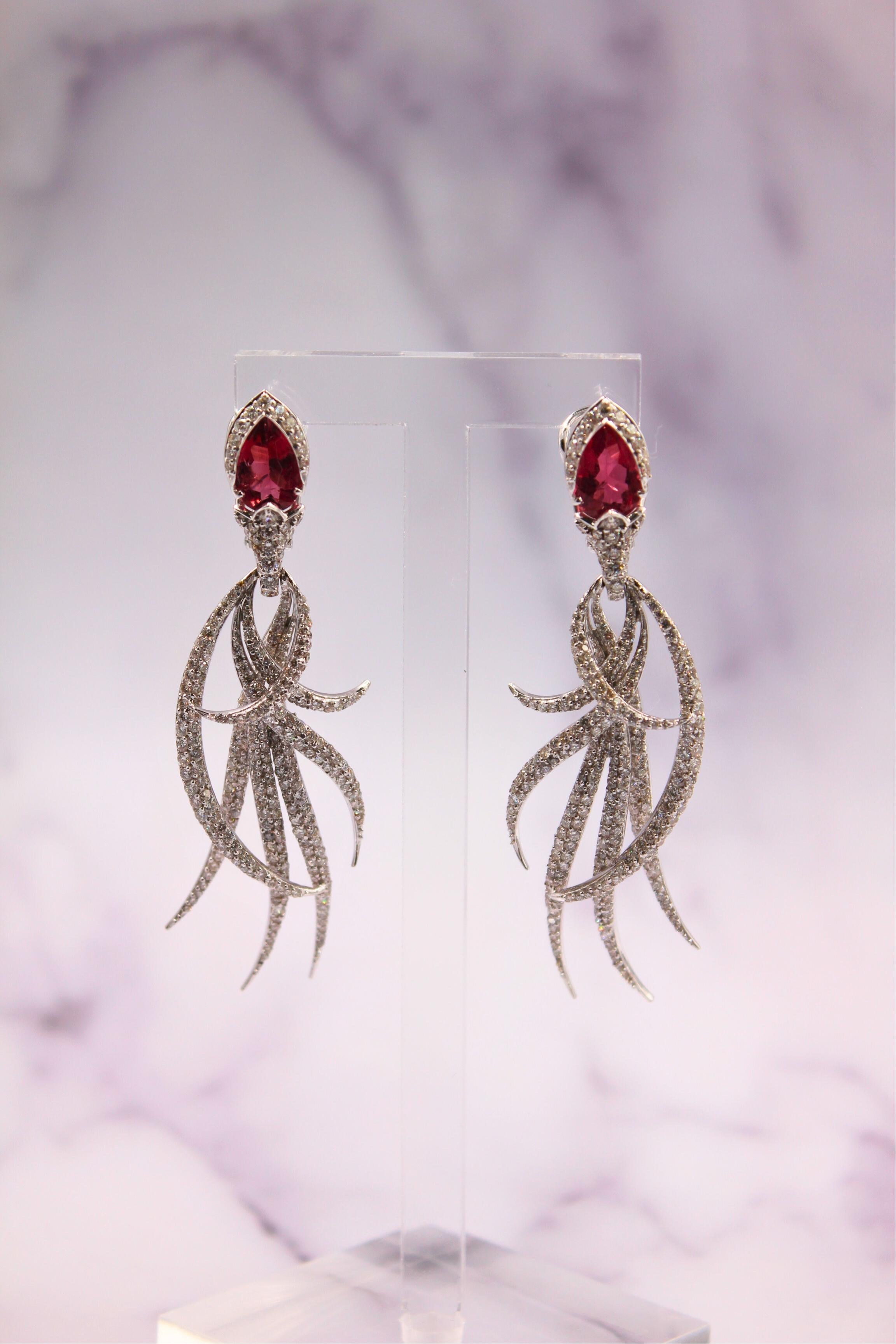 Red Pink Tourmaline Long Feather Diamond Drop 18k White Gold Earrings For Sale 2