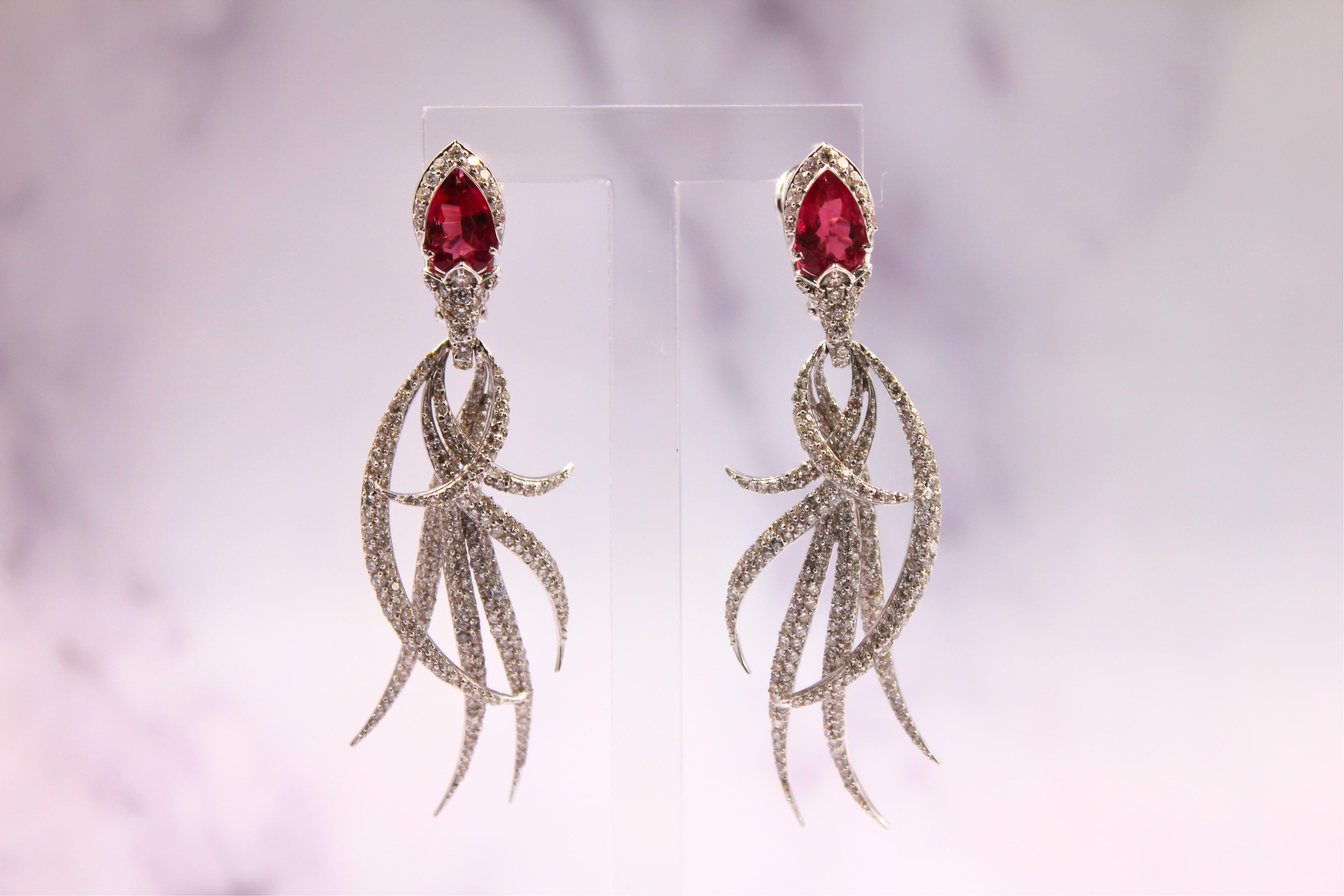 Red Pink Tourmaline Long Feather Diamond Drop 18k White Gold Earrings For Sale 3