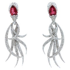 Boucles d'oreilles or blanc 18 carats Tourmaline rose rouge Long Feather Diamond Drop