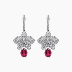 Red Pink Tourmaline & White Diamond Floral Petals Pave 18K White Gold Earrings
