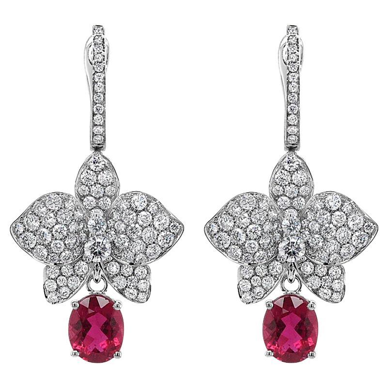 Red Pink Tourmaline & White Diamond Floral Petals Pave 18K White Gold Earrings For Sale