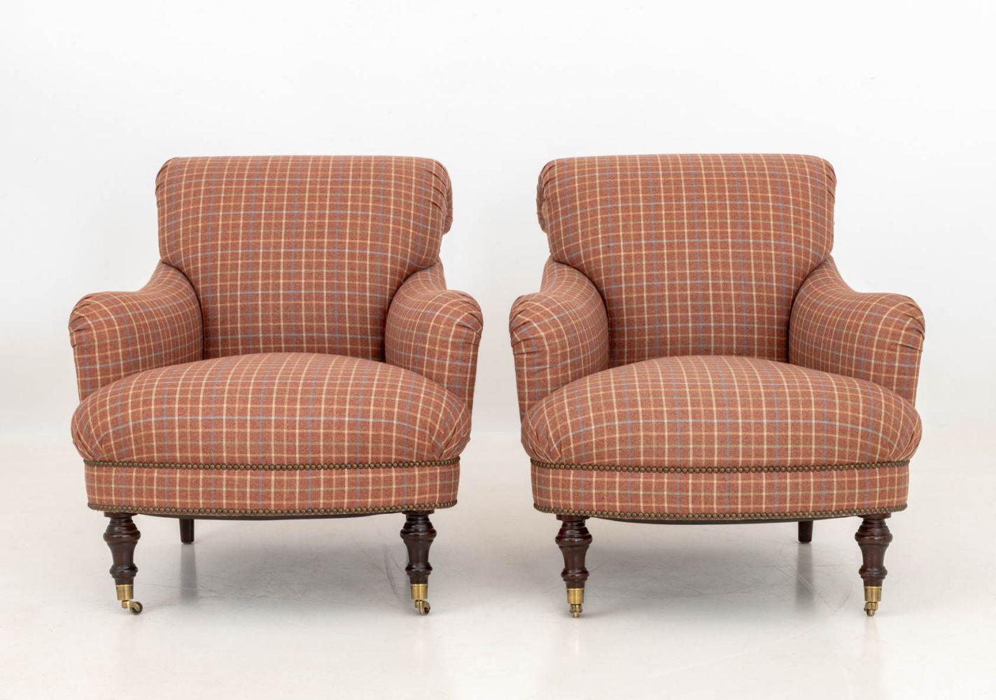 Red Plaid Upholstered Easy Chairs, Pair (Moderne) im Angebot