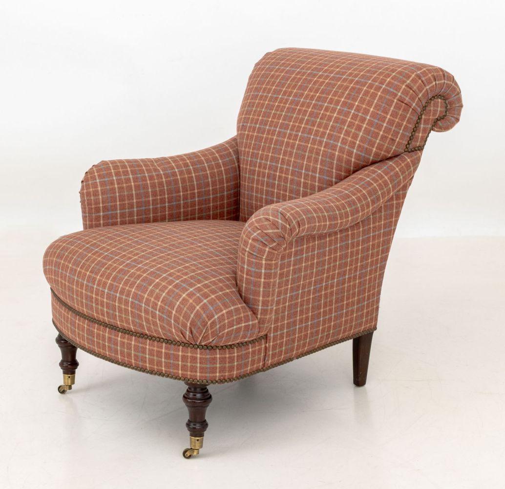 Red Plaid Upholstered Easy Chairs, Pair (20. Jahrhundert) im Angebot