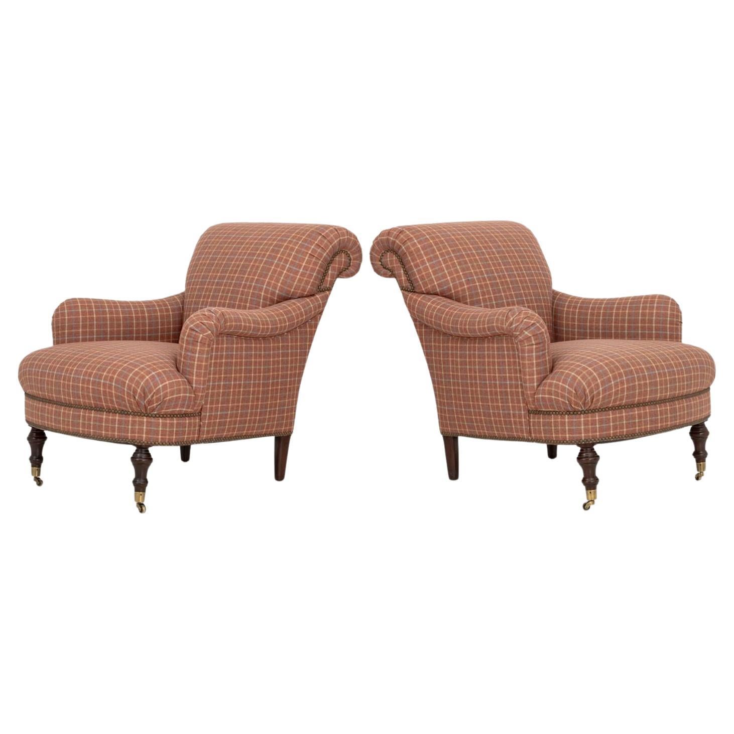 Red Plaid Upholstered Easy Chairs, Pair