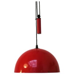 Red Plastic and Metal Hemispherical Adjustable Hanging Lamp, 1950s